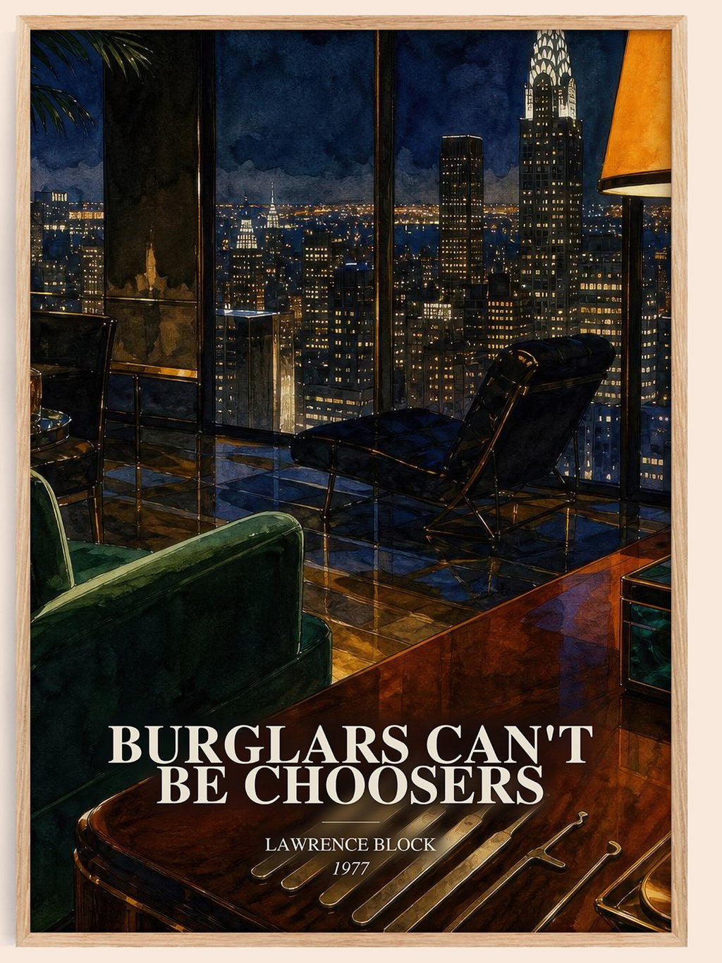 Burglars Can't Be Choosers watercolour book poster by Lawrence Block – framed literary art print