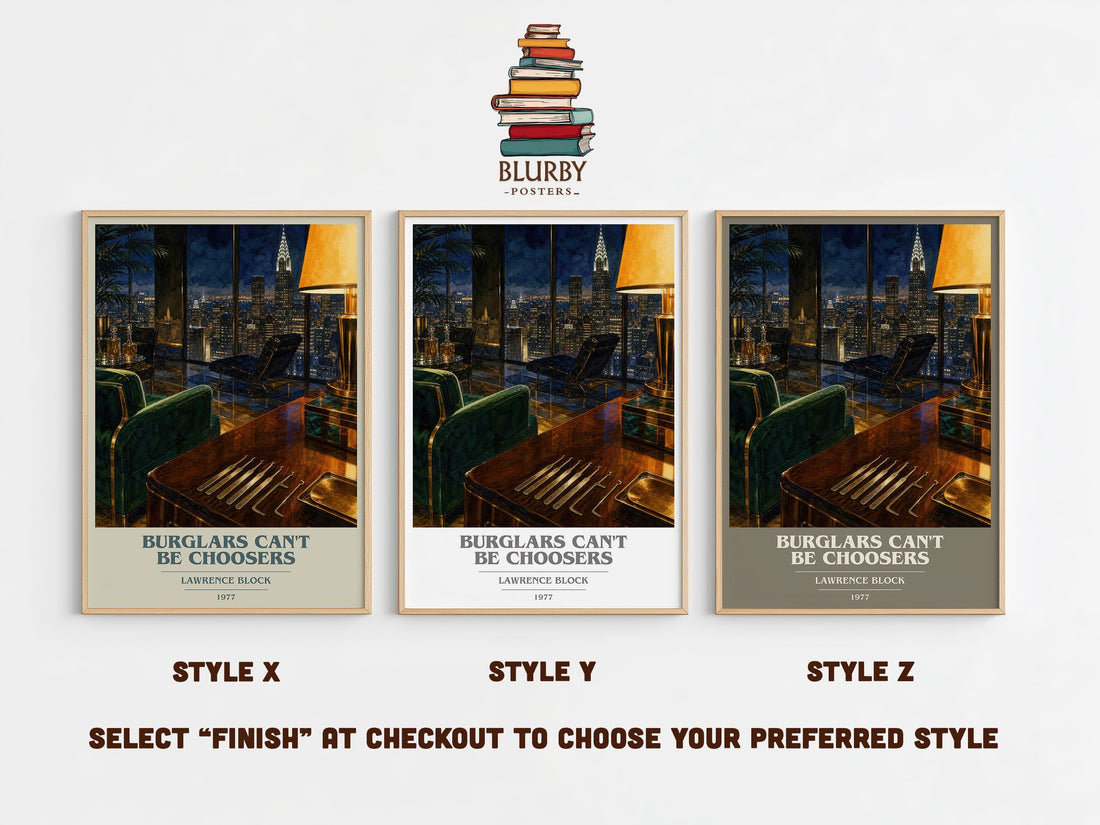 Burglars Can't Be Choosers book cover print in frame leaning in hallway – crime wall art (mockup)