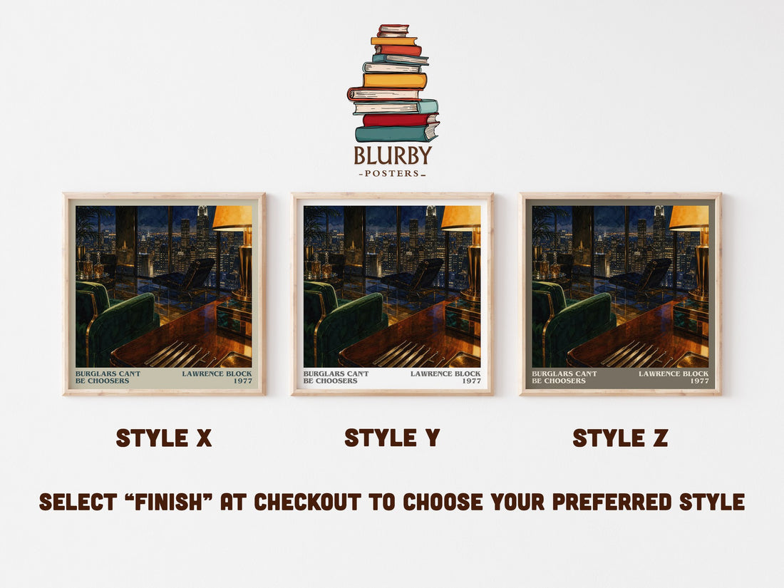 Burglars Can't Be Choosers literary print in frame leaning in hallway – crime wall art (mockup)