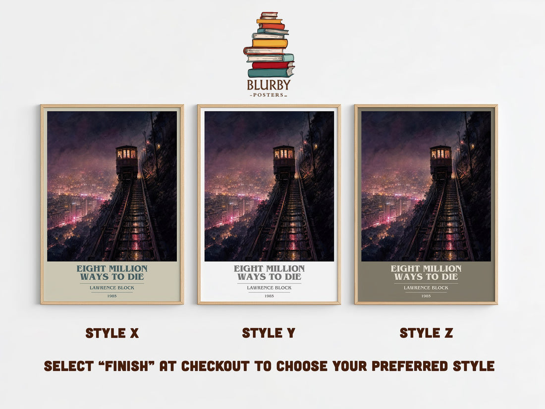 Eight Million Ways to Die book cover print in frame leaning in hallway – crime wall art (mockup)