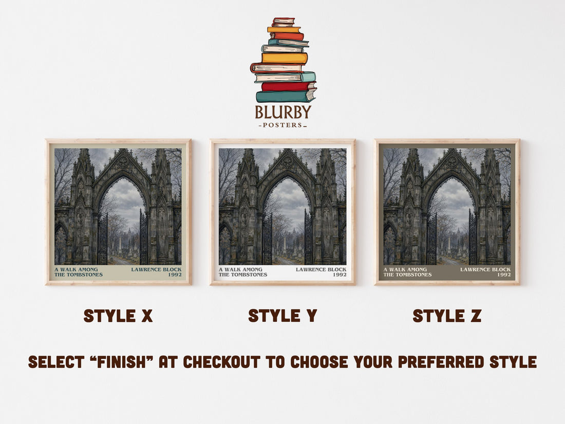 A Walk Among the Tombstones literary print in frame leaning in hallway – crime wall art (mockup)
