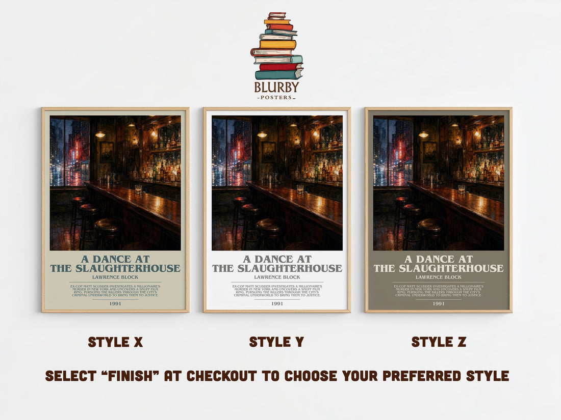 A Dance at the Slaughterhouse bookish print in frame leaning in hallway – crime wall art (mockup)