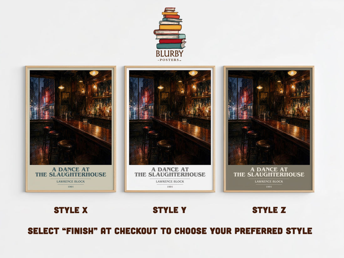 A Dance at the Slaughterhouse book cover print in frame leaning in hallway – crime wall art (mockup)