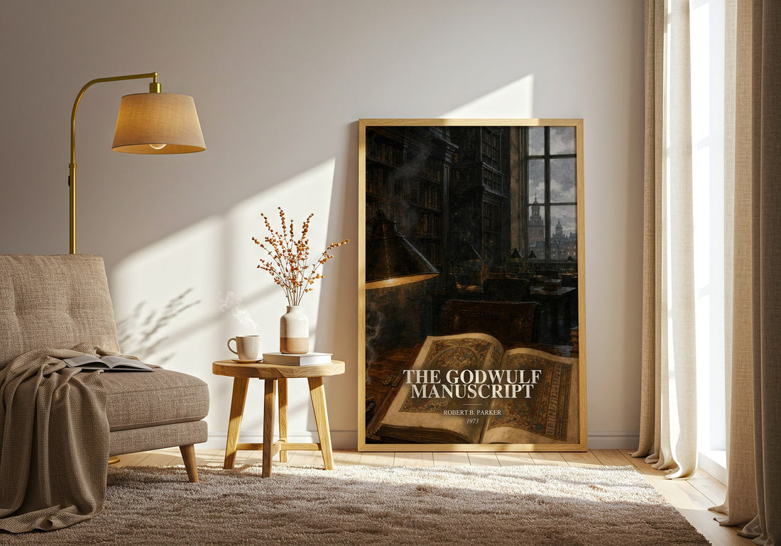 The Godwulf Manuscript watercolour print in frame leaning in hallway – crime wall art (mockup)