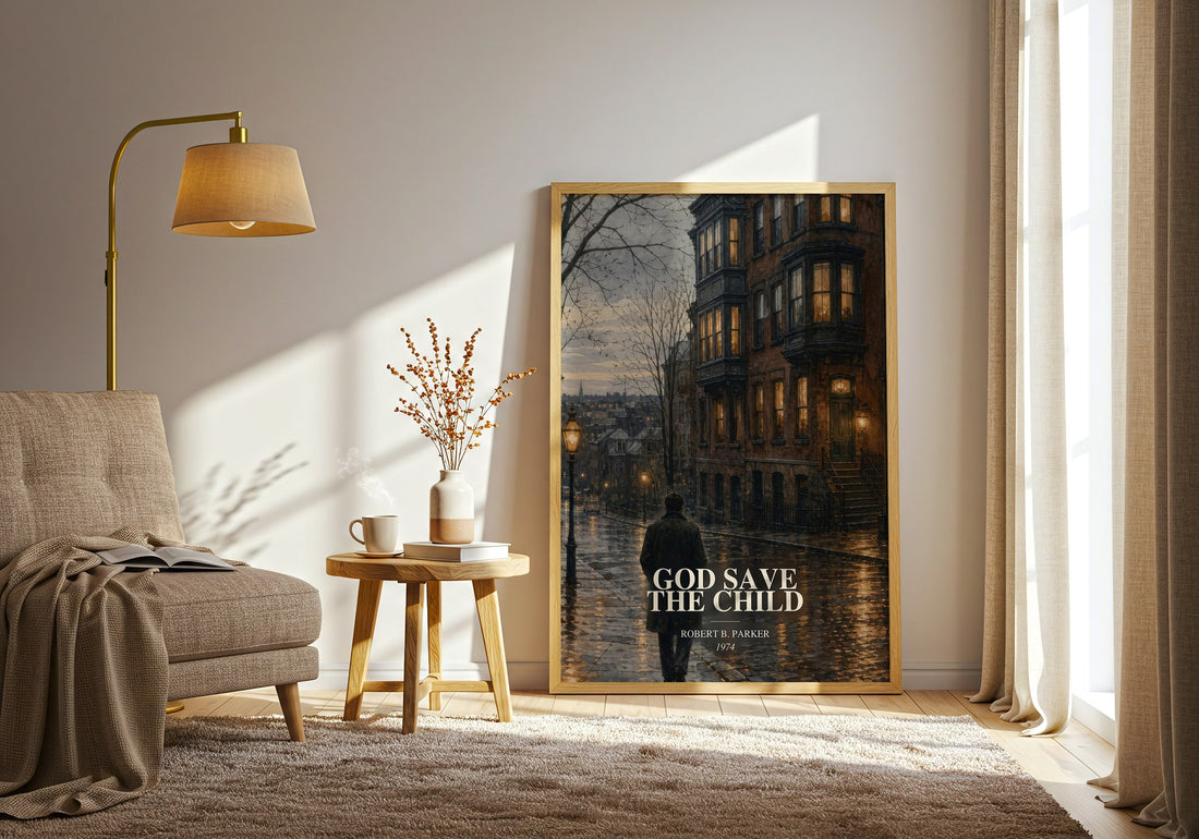 God Save the Child watercolour print in frame leaning in hallway – crime wall art (mockup)