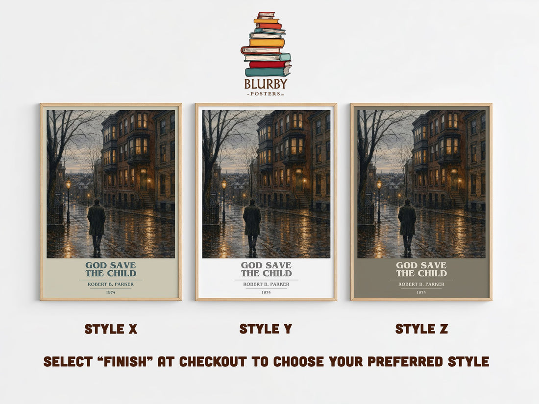 God Save the Child book cover print in frame leaning in hallway – crime wall art (mockup)