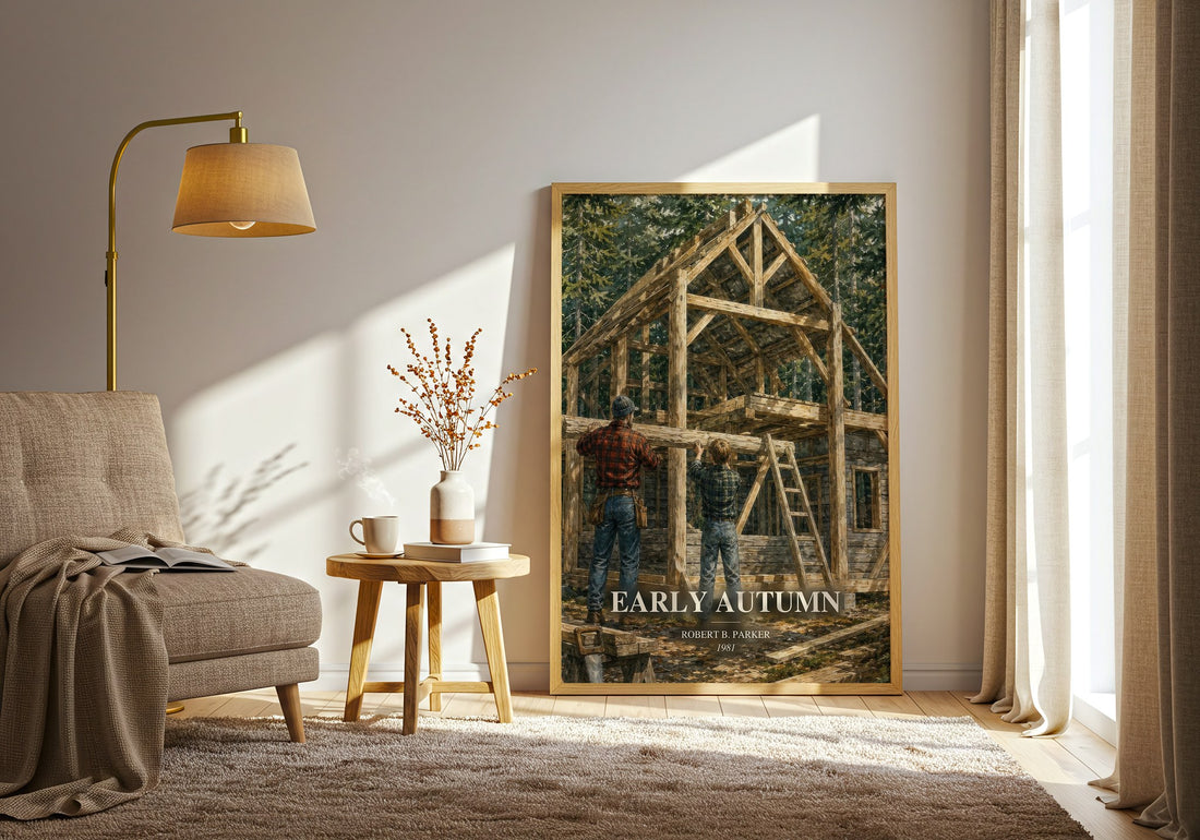 Early Autumn watercolour print in frame leaning in hallway – mystery wall art (mockup)
