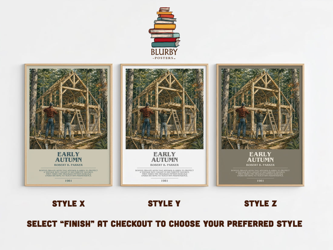 Early Autumn bookish print in frame leaning in hallway – mystery wall art (mockup)
