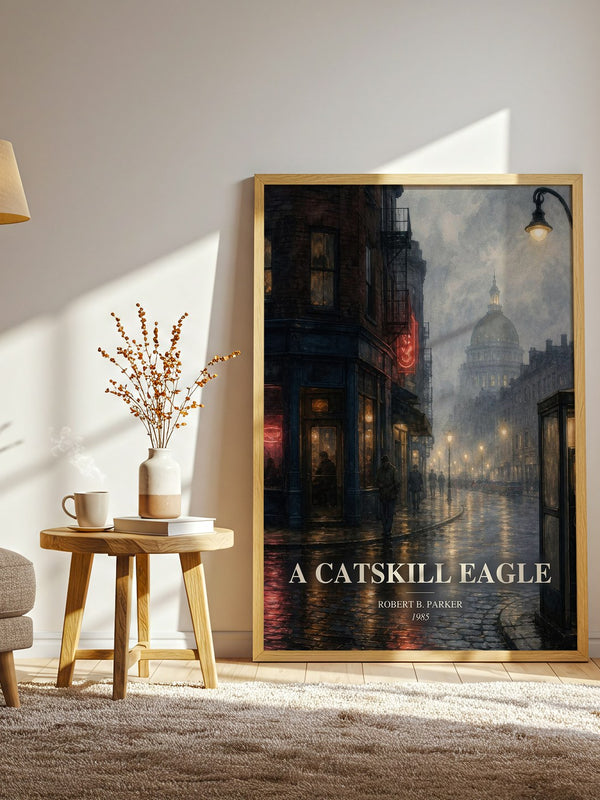 A Catskill Eagle watercolour print in frame leaning in hallway – mystery wall art