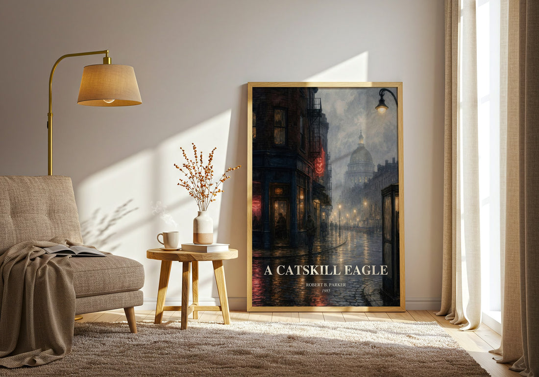 A Catskill Eagle watercolour print in frame leaning in hallway – mystery wall art (mockup)