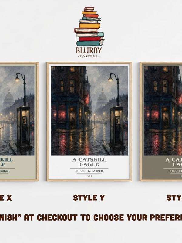 A Catskill Eagle book cover print in frame leaning in hallway – mystery wall art