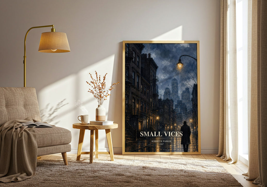 Small Vices watercolour print in frame leaning in hallway – crime wall art (mockup)