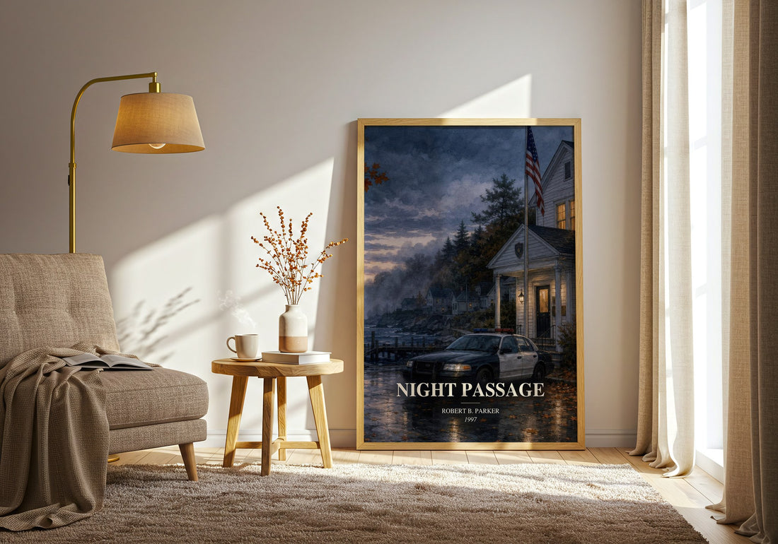 Night Passage watercolour print in frame leaning in hallway – crime wall art (mockup)