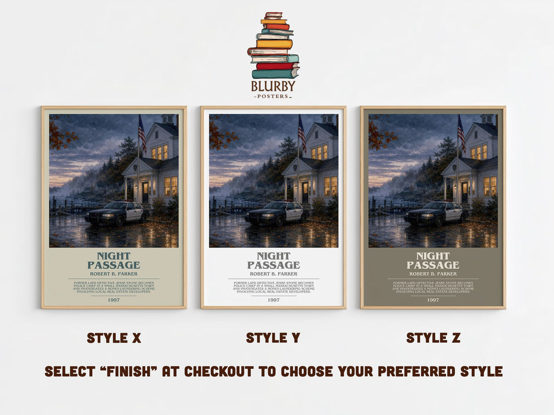 Night Passage bookish print in frame leaning in hallway – crime wall art (mockup)