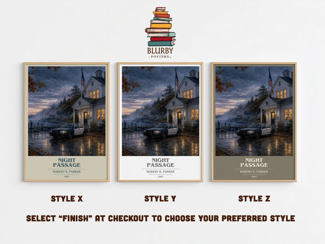 Night Passage book cover print in frame leaning in hallway – crime wall art (mockup)