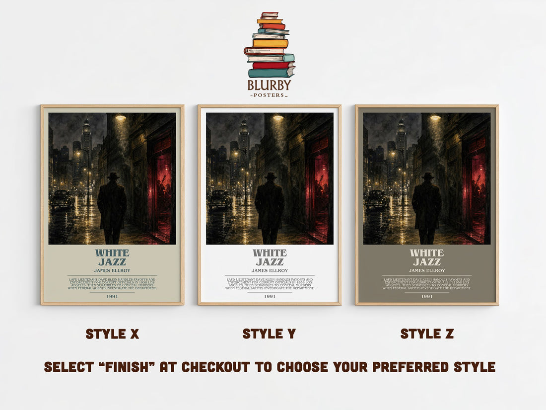 White Jazz bookish print in frame leaning in hallway – crime wall art (mockup)