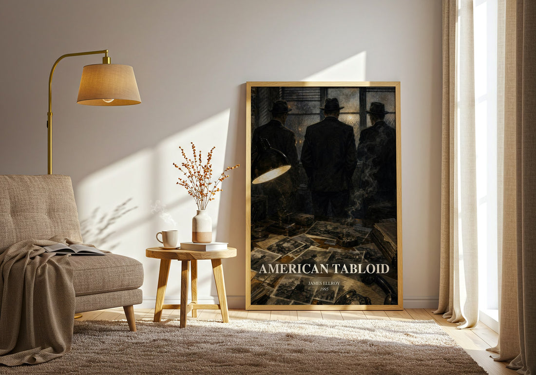American Tabloid watercolour print in frame leaning in hallway – crime wall art (mockup)
