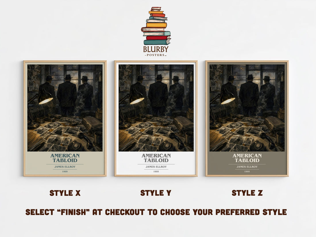 American Tabloid book cover print in frame leaning in hallway – crime wall art (mockup)