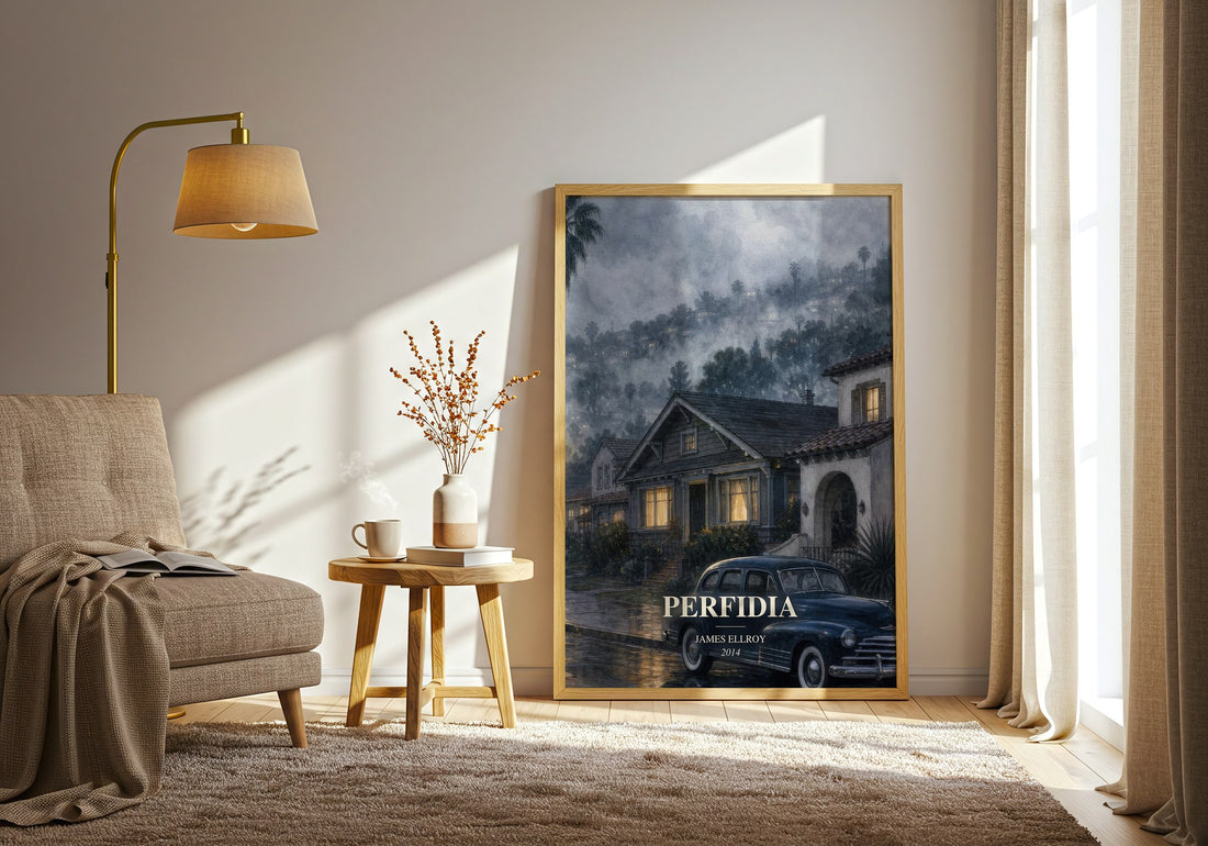 Perfidia watercolour print in frame leaning in hallway – crime wall art (mockup)