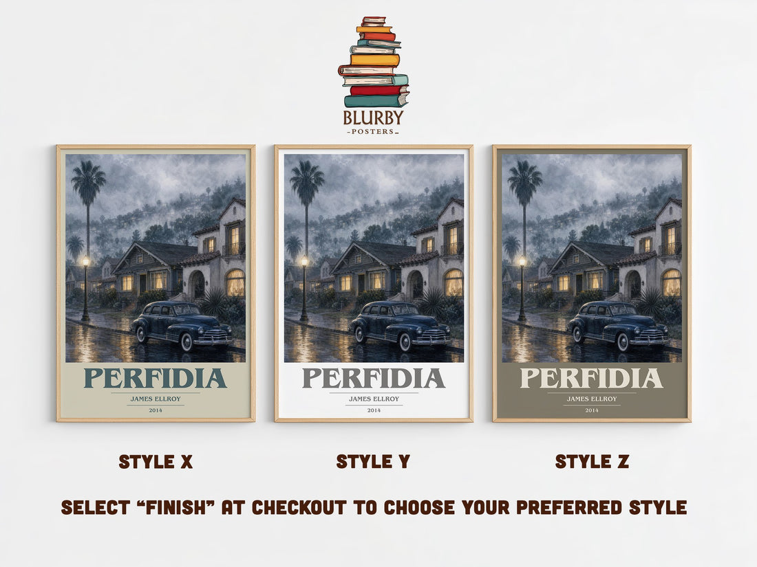 Perfidia book cover print in frame leaning in hallway – crime wall art (mockup)