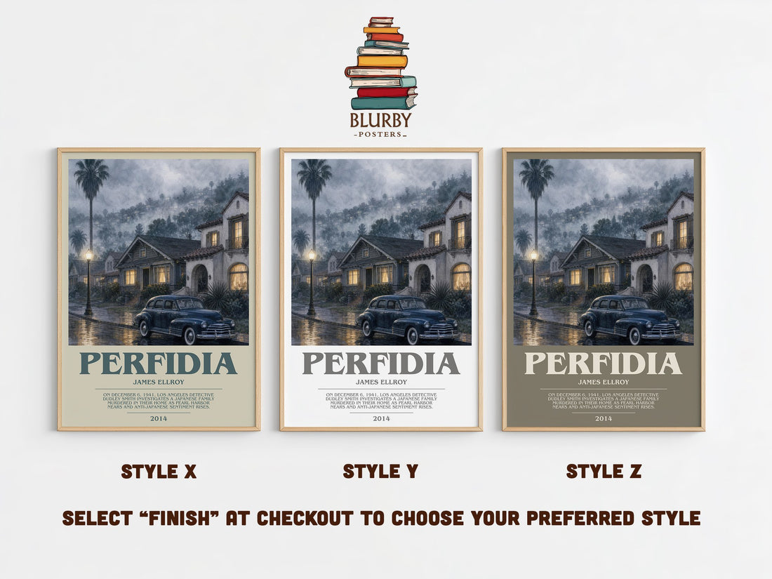 Perfidia bookish print in frame leaning in hallway – crime wall art (mockup)