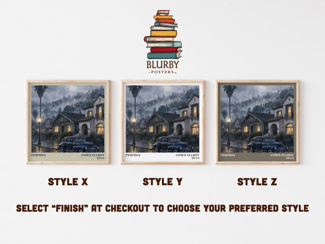 Perfidia literary print in frame leaning in hallway – crime wall art (mockup)