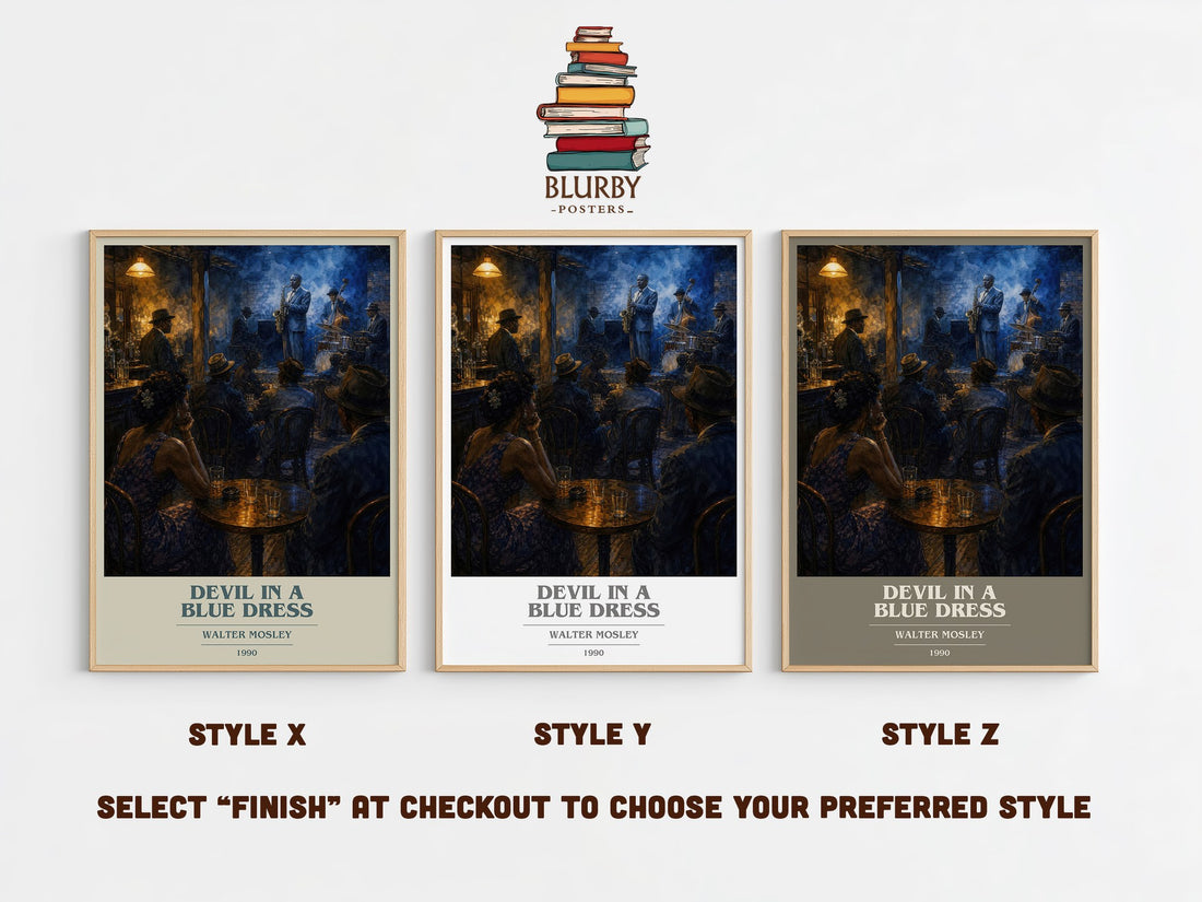 Devil in a Blue Dress book cover print in frame leaning in hallway – crime wall art (mockup)