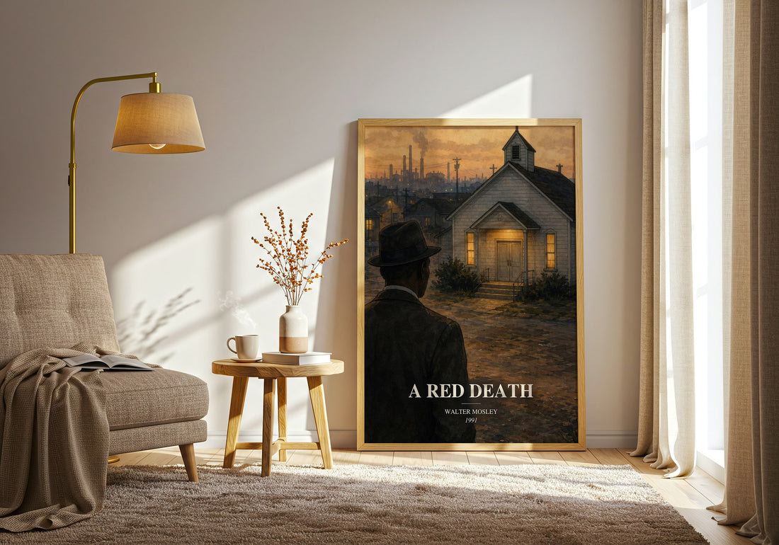 A Red Death watercolour print in frame leaning in hallway – crime wall art (mockup)