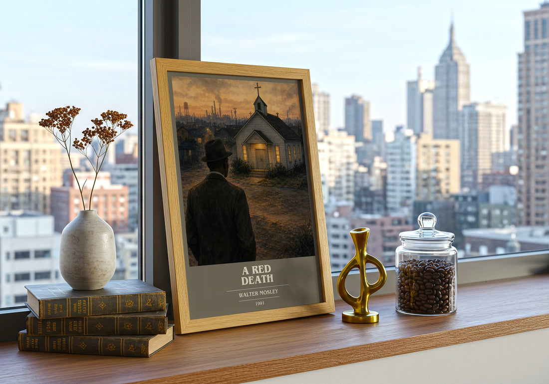 A Red Death book cover print framed by window – literary home decor
