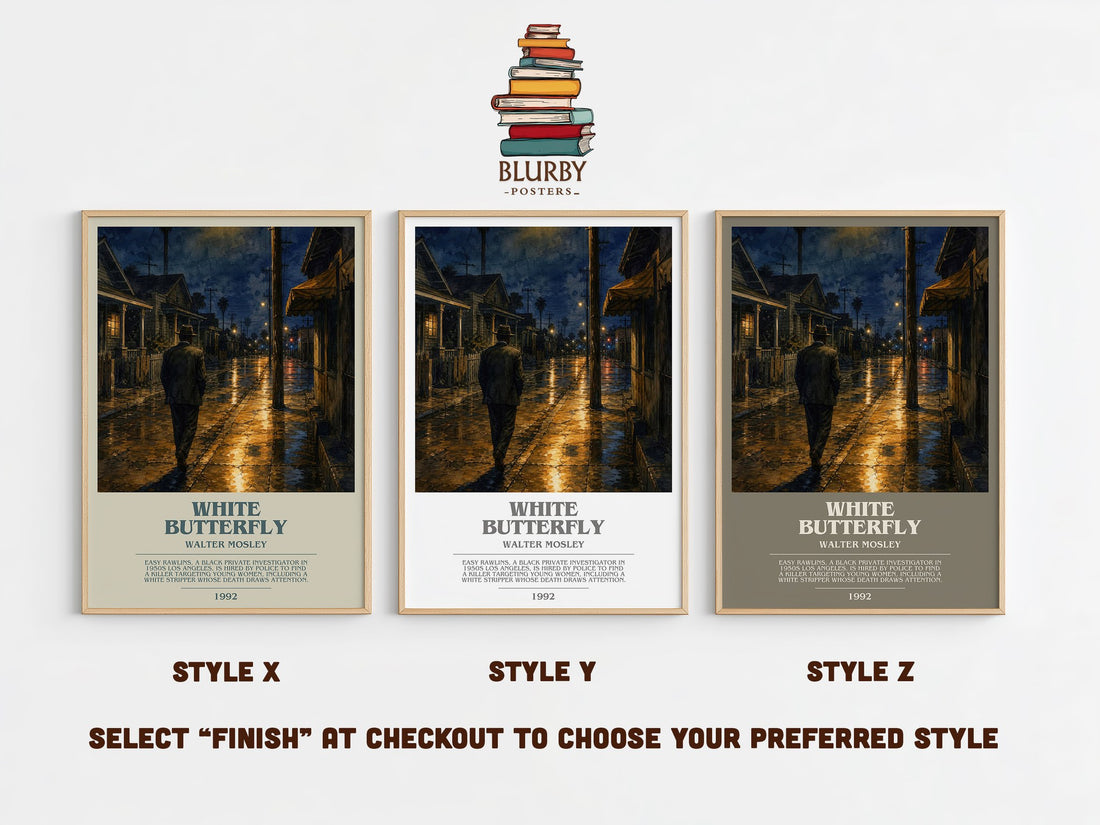 White Butterfly bookish print in frame leaning in hallway – crime wall art (mockup)
