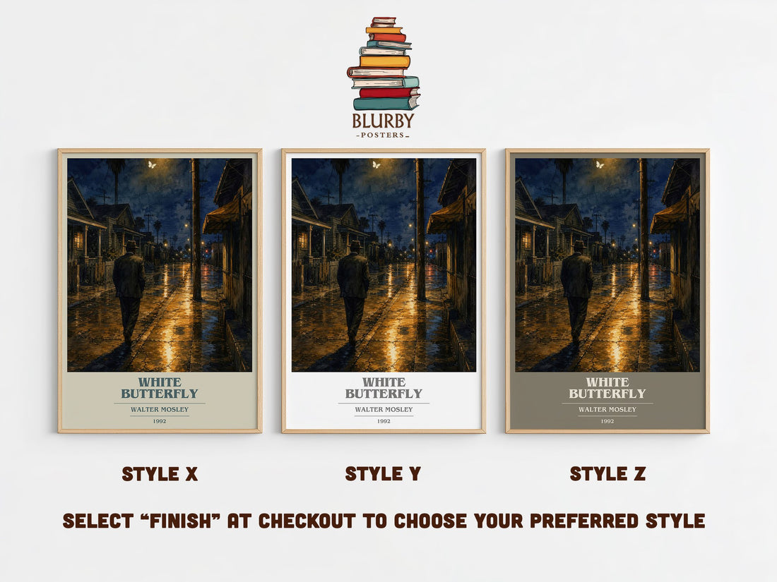 White Butterfly book cover print in frame leaning in hallway – crime wall art (mockup)