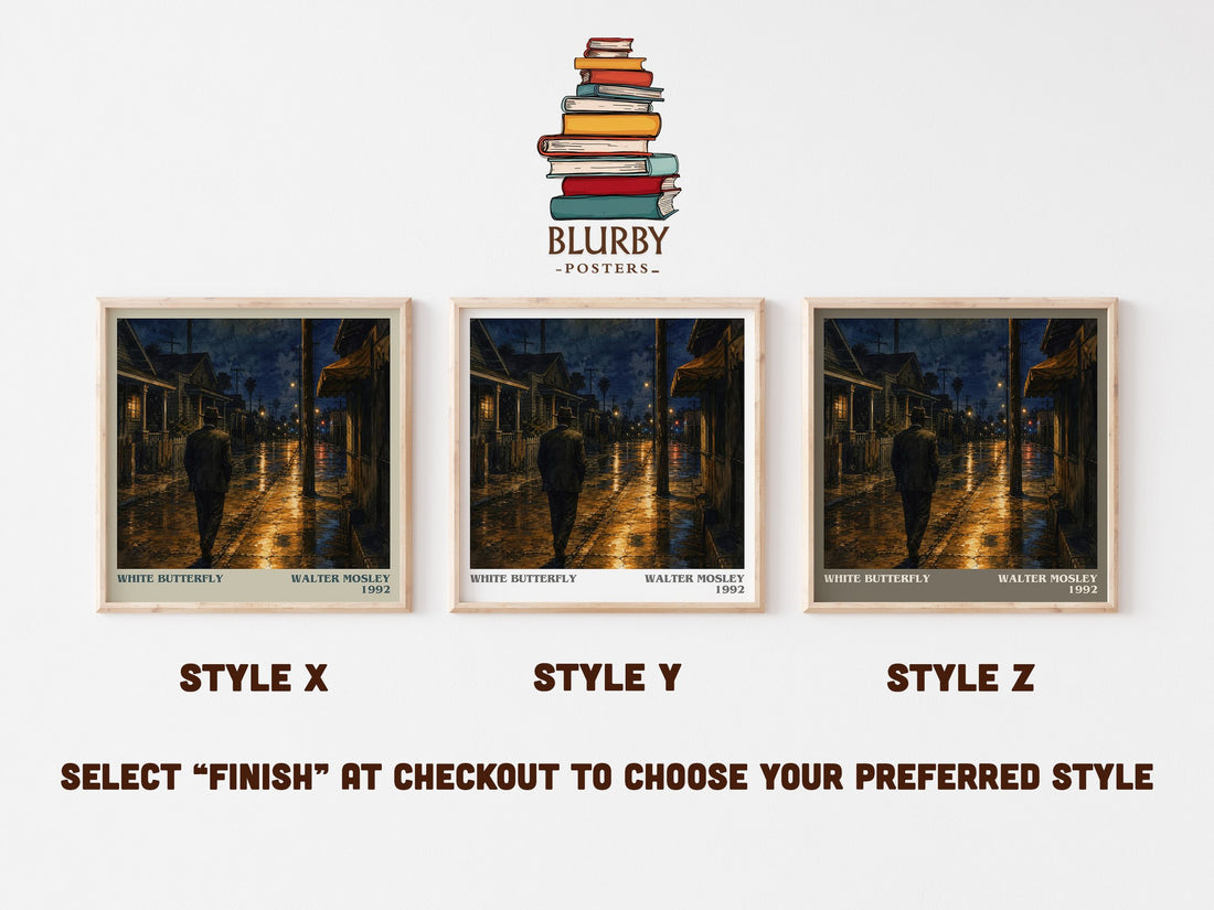 White Butterfly literary print in frame leaning in hallway – crime wall art (mockup)