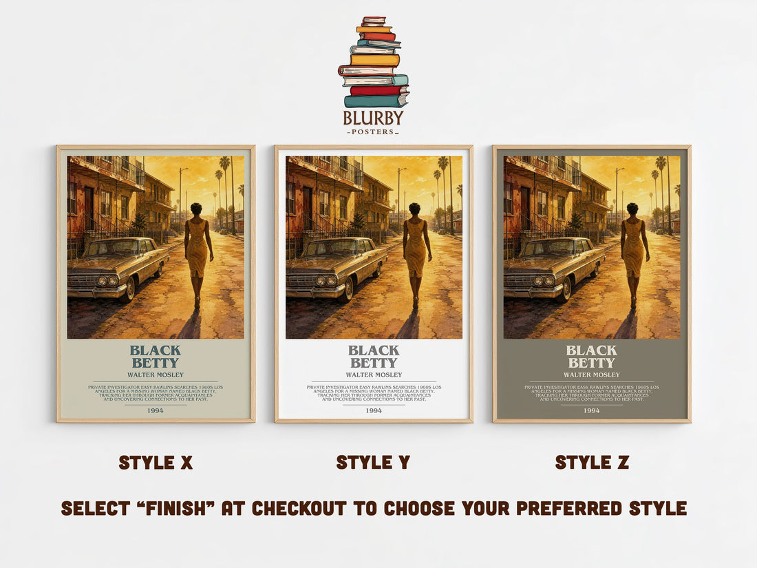Black Betty bookish print in frame leaning in hallway – crime wall art (mockup)