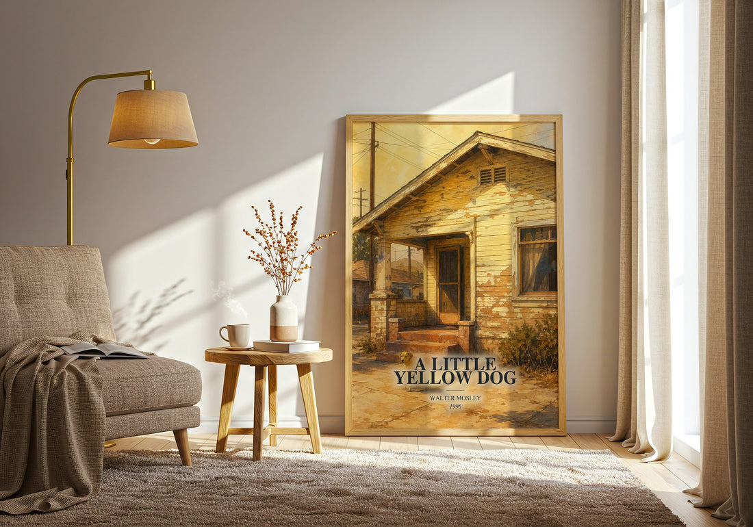 A Little Yellow Dog watercolour print in frame leaning in hallway – crime wall art (mockup)