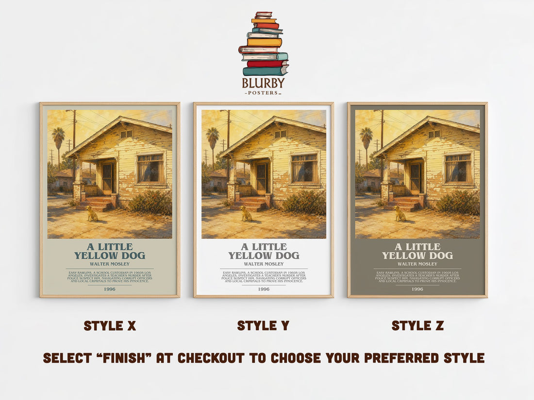 A Little Yellow Dog bookish print in frame leaning in hallway – crime wall art (mockup)