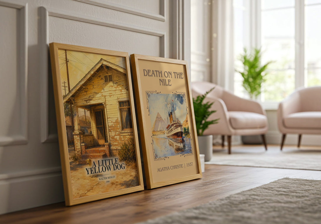 A Little Yellow Dog watercolour print framed by window – literary home decor