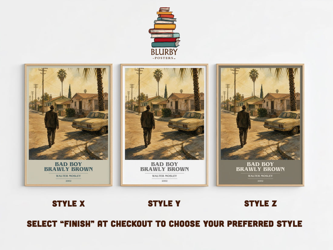 Bad Boy Brawly Brown book cover print in frame leaning in hallway – crime wall art (mockup)