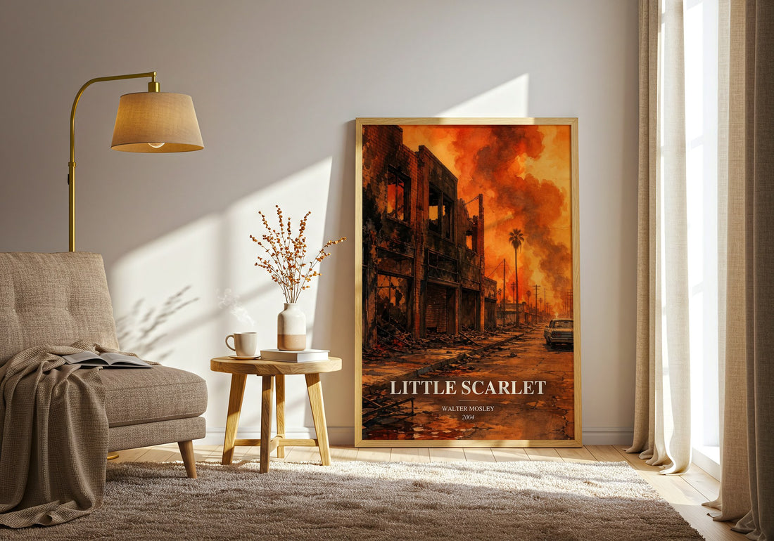 Little Scarlet watercolour print in frame leaning in hallway – crime wall art (mockup)