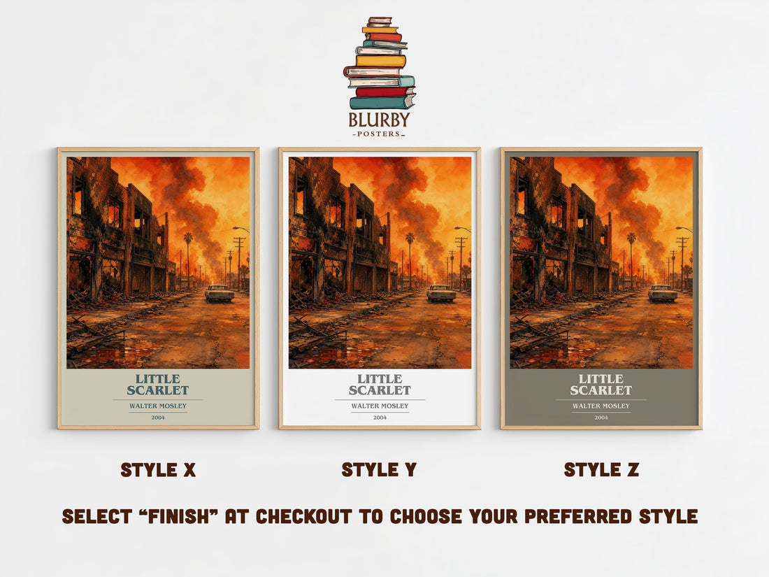 Little Scarlet book cover print in frame leaning in hallway – crime wall art (mockup)