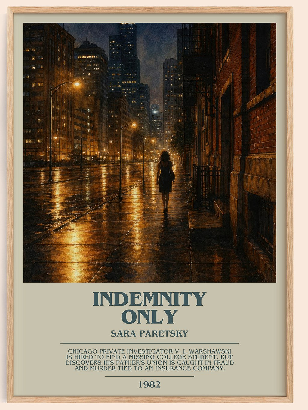 Indemnity Only bookish book poster by Sara Paretsky – framed literary art print
