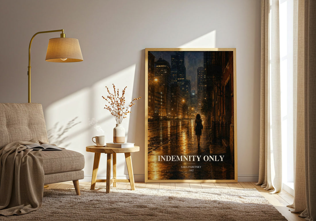 Indemnity Only watercolour print in frame leaning in hallway – crime wall art (mockup)