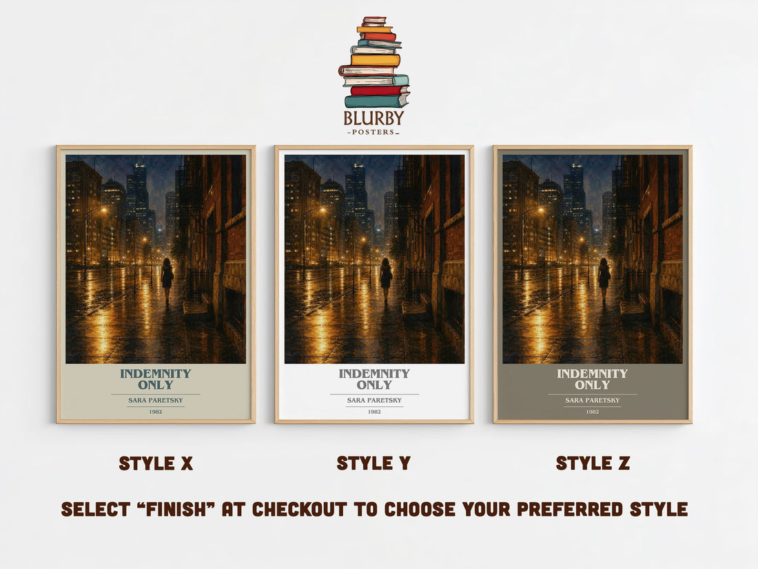 Indemnity Only book cover print in frame leaning in hallway – crime wall art (mockup)