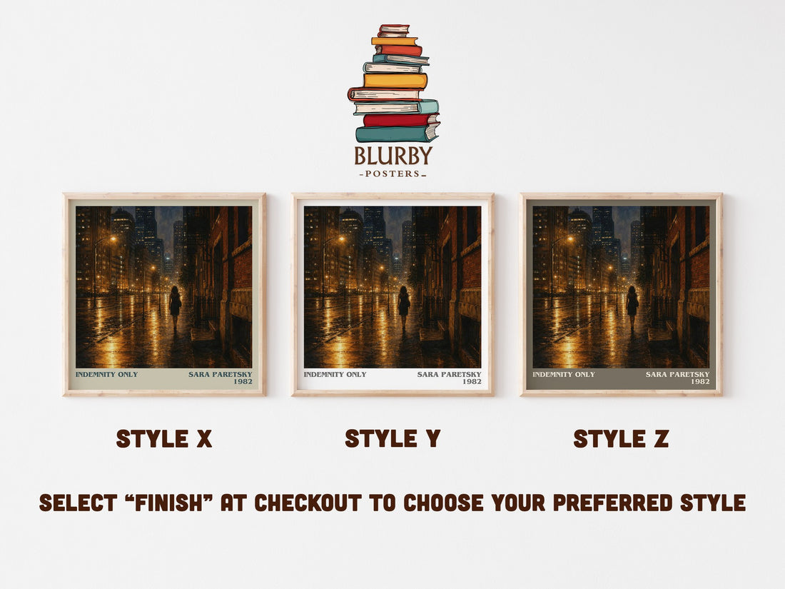 Indemnity Only literary print in frame leaning in hallway – crime wall art (mockup)