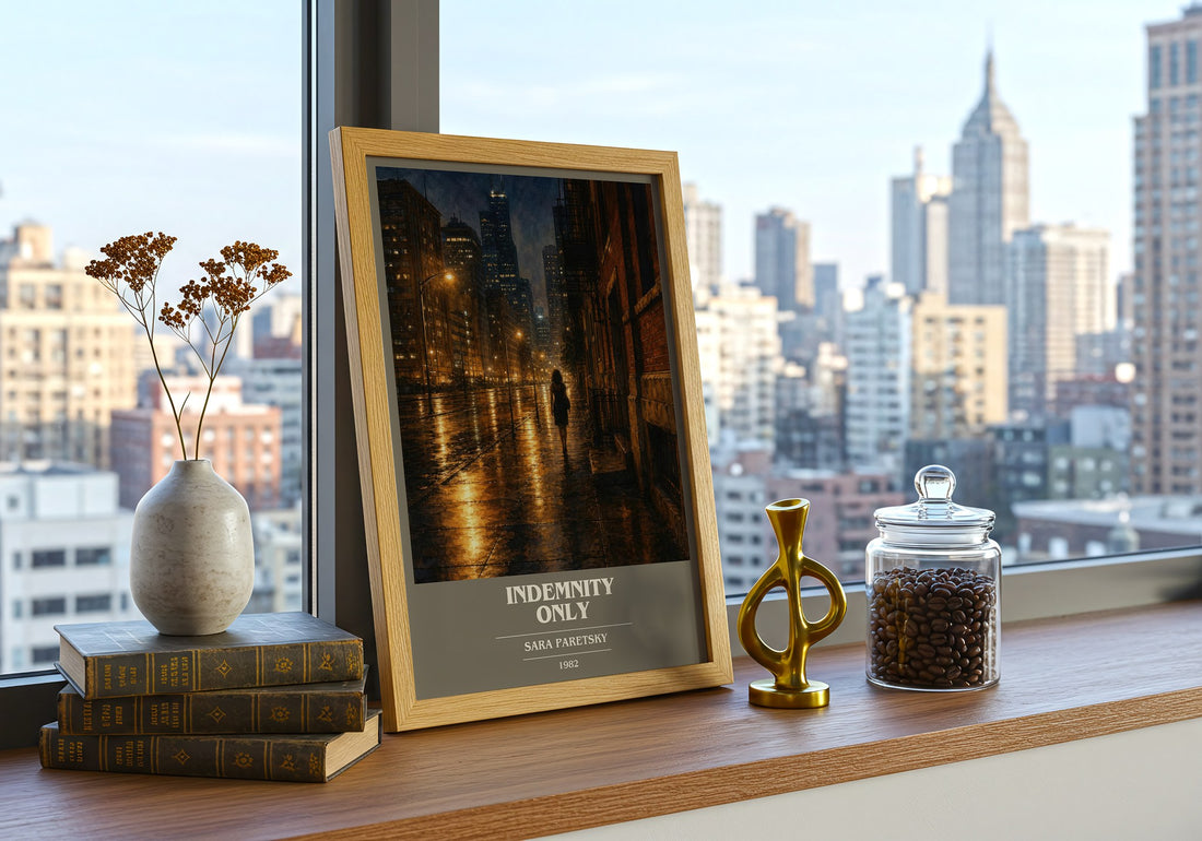 Indemnity Only book cover print framed by window – literary home decor