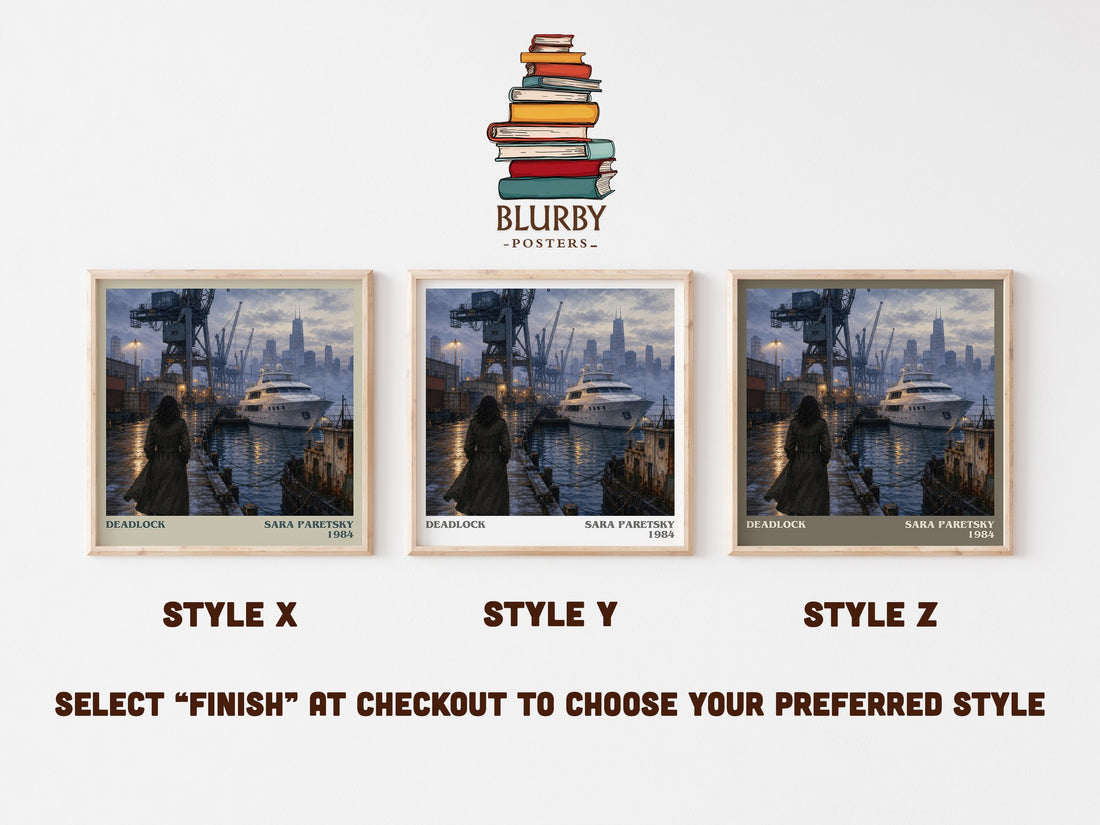 Deadlock literary print in frame leaning in hallway – crime wall art (mockup)