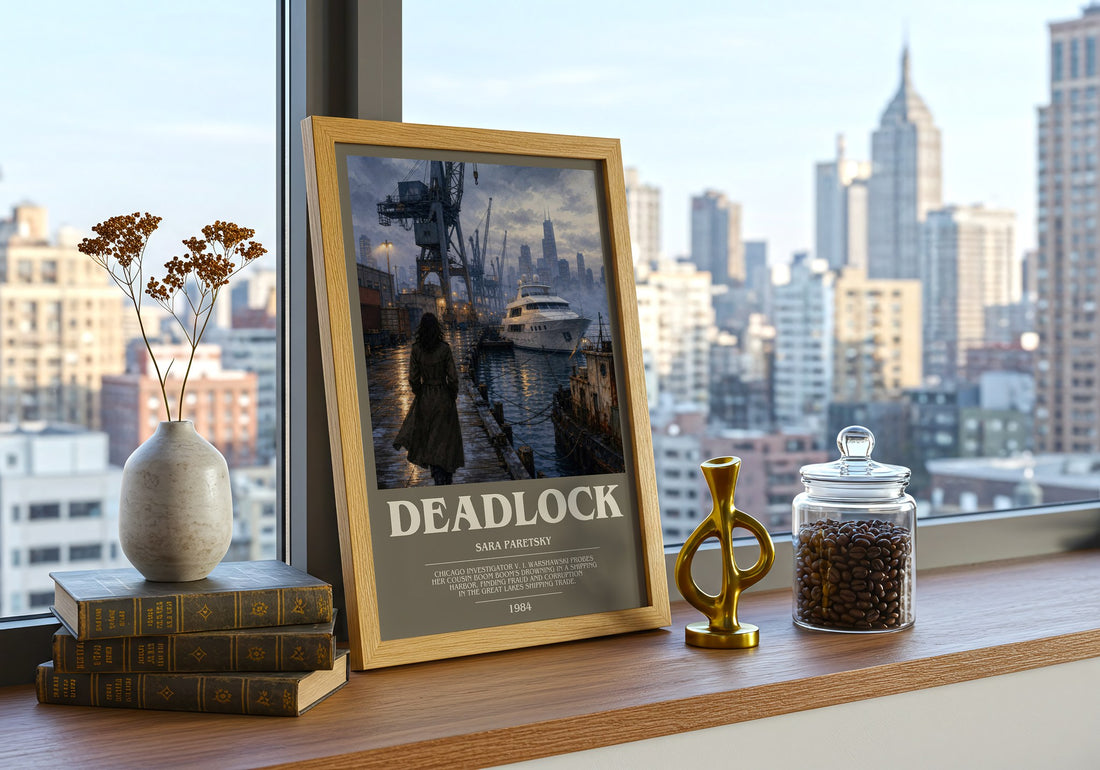 Deadlock bookish print framed by window – literary home decor