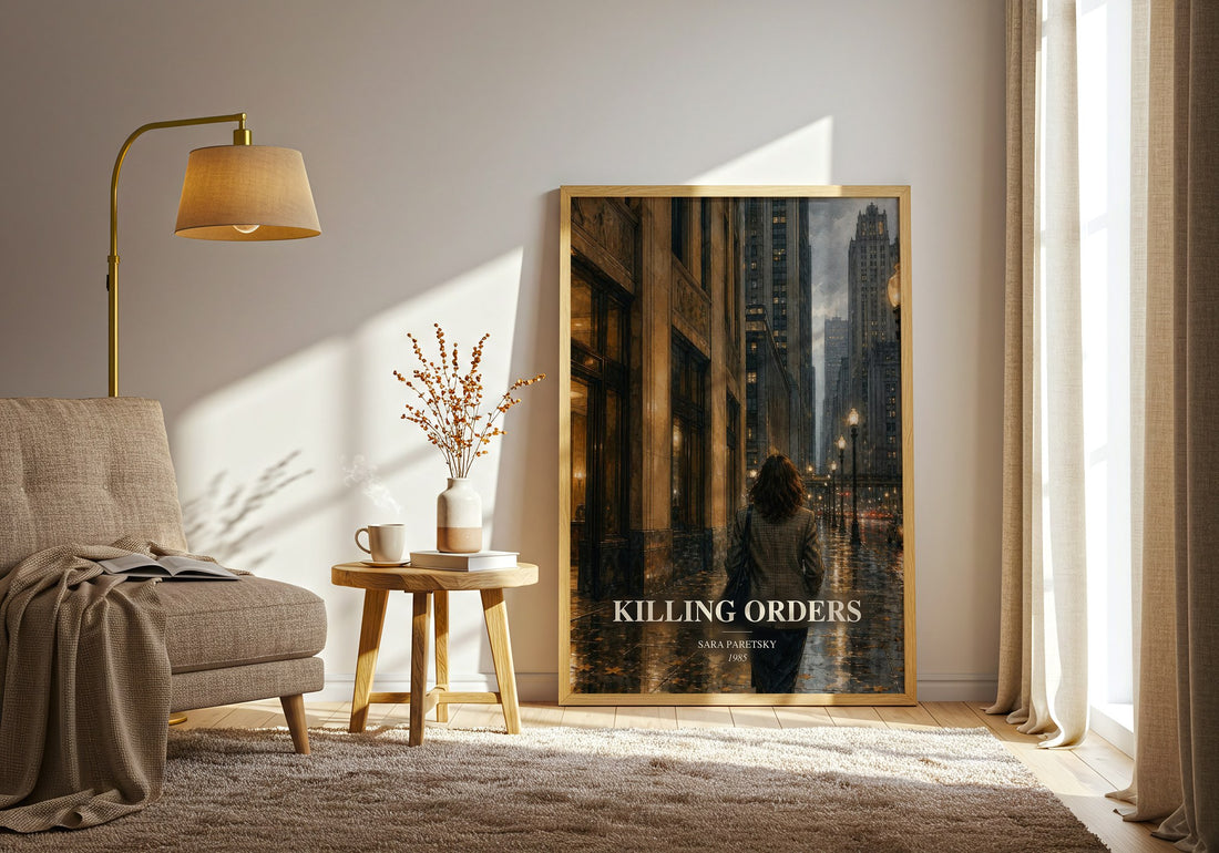 Killing Orders watercolour print in frame leaning in hallway – crime wall art (mockup)
