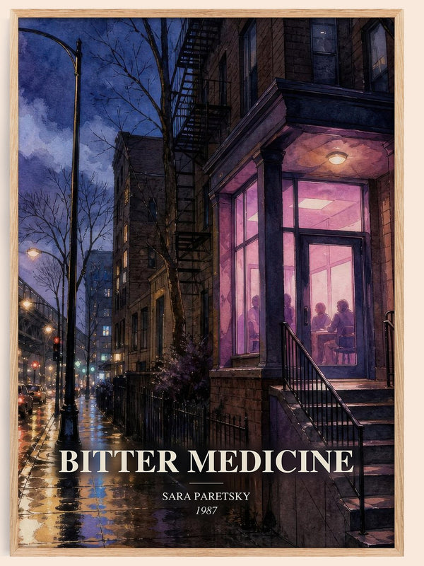 Bitter Medicine watercolour book poster by Sara Paretsky – framed literary art print