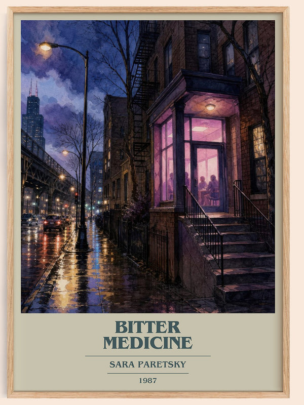 Bitter Medicine book cover book poster by Sara Paretsky – framed literary art print