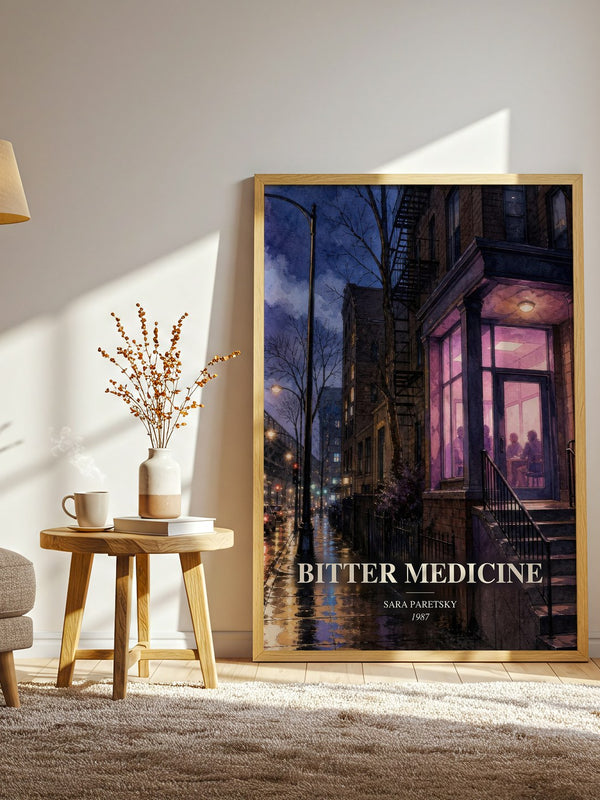 Bitter Medicine watercolour print in frame leaning in hallway – mystery wall art